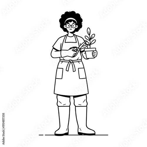 Hand drawn style illustration of a person gardening, trimming a potted plant with shears.