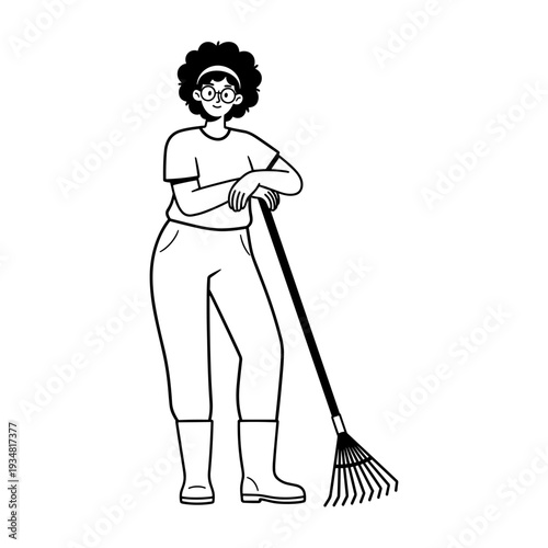 Doodle illustration of a happy woman gardener with curly hair and glasses, leaning on a rake.