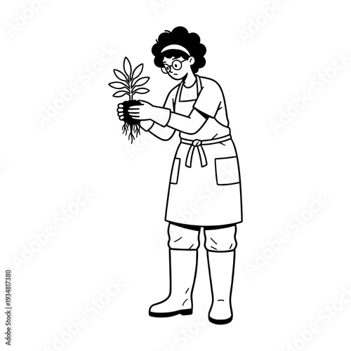 Doodle style illustration of a gardener holding a small plant seedling with roots for planting.