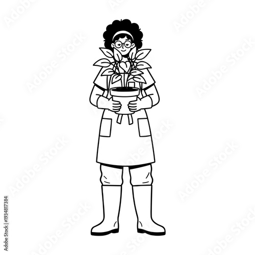 Hand drawn doodle illustration of a gardener with curly hair holding a potted plant.