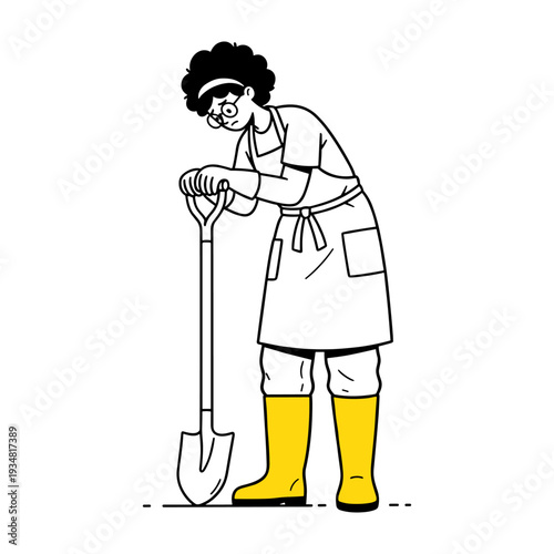 Hand drawn style illustration of a sad gardener with yellow boots leaning on a shovel.