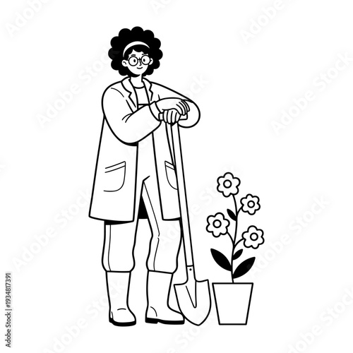 Hand drawn illustration of a smiling woman gardener holding a shovel next to potted flowers.