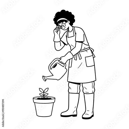 Hand Drawn Style Illustration of a Person Watering a Potted Plant and Observing its Growth