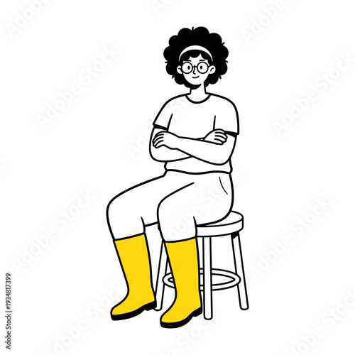 Hand drawn illustration of a person with curly hair and yellow boots sitting on a stool