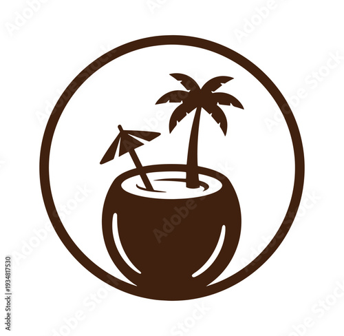Brown coconut with palm tree and umbrella in circle icon tropical vacation symbol