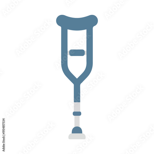 A flat vector illustration of a medical crutch, featuring a blue-grey main body with light grey details for the handgrip and foot, presented on a white background.