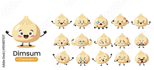 Cute dim sum characters with various poses and expressions. Kawaii food cartoon illustrations set on isolated background