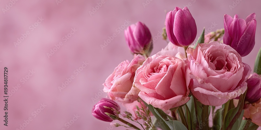 Obraz premium Bouquet of tulips and rose on a pink background