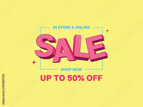Horizontal sale banner with 3d modern pop art retro style text placed on yellow background, bright and positive.
