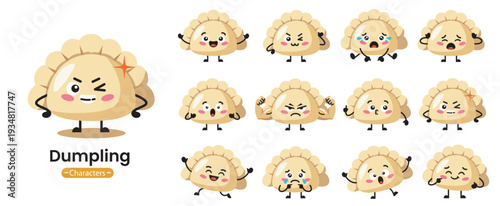set of cute dumpling emoji characters. Kawaii dumpling mascot faces with various expressions and poses