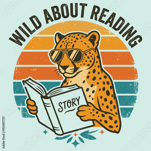 Wild About Reading Cheetah Book Vintage Sunset Animal T-Shirt