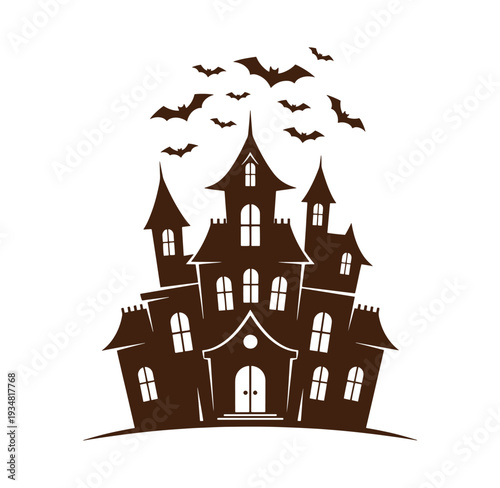 Brown haunted house with bats flying overhead on white background