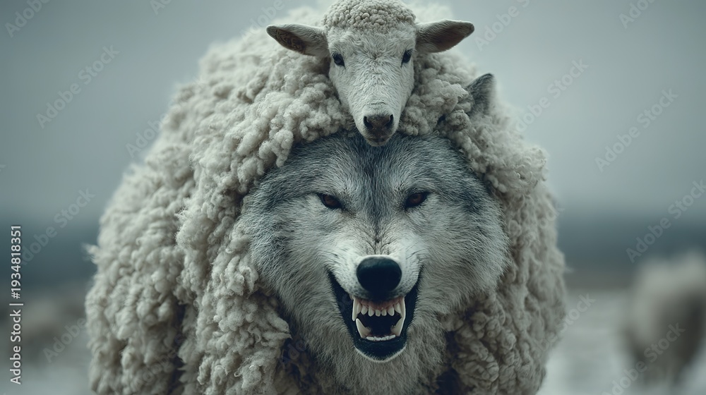 Obraz premium Metaphorical illustration of a snarling wolf wearing a sheeps wool pelt