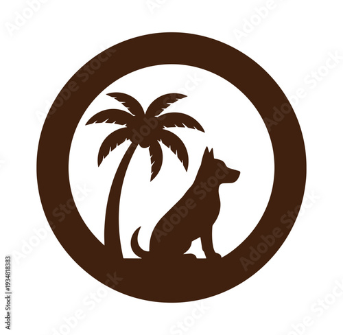 Brown silhouette of a dog sitting under a palm tree in a circle