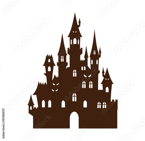 Brown silhouette of a medieval castle with towers and battlements isolated on white background