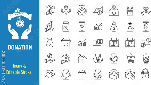Charity donation icon set with hearts and money symbols, giving hands and financial support, cad drawing flat vector illustration