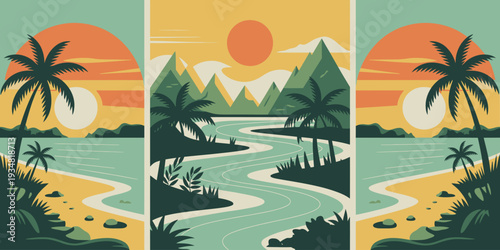 Oasis Landscape Poster, Curved River Ripples Surrounded by Desert Palms and Muted Mountain Backdrop Artwork