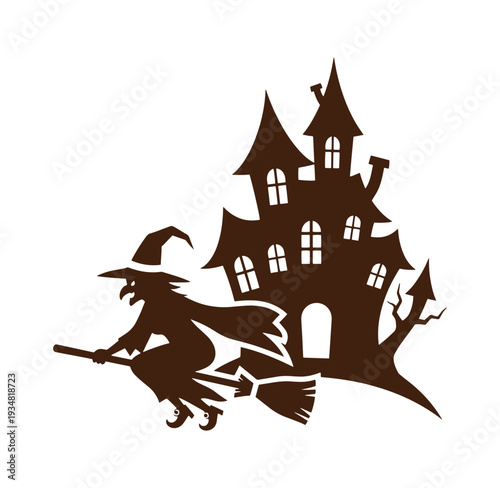 Brown silhouette of a witch flying on a broomstick in front of a haunted house