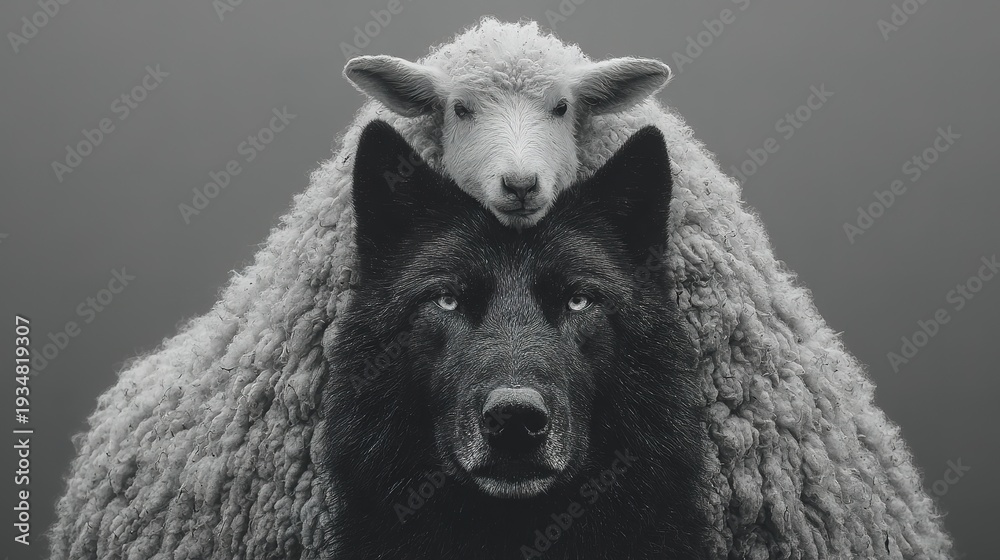 Obraz premium Metaphorical illustration of a snarling wolf wearing a sheeps wool pelt