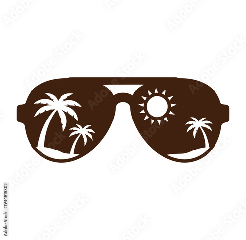 Brown sunglasses with tropical island and sun reflection on lenses