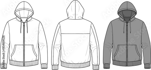 Men's Zip-Up Hoodie Technical Flat Sketch, Hooded Sweatshirt Vector Template, Front and Back View