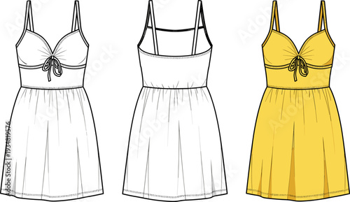 Women's Cami Sundress Technical Flat Sketch, Yellow Summer Dress Vector Illustration, Front and Back