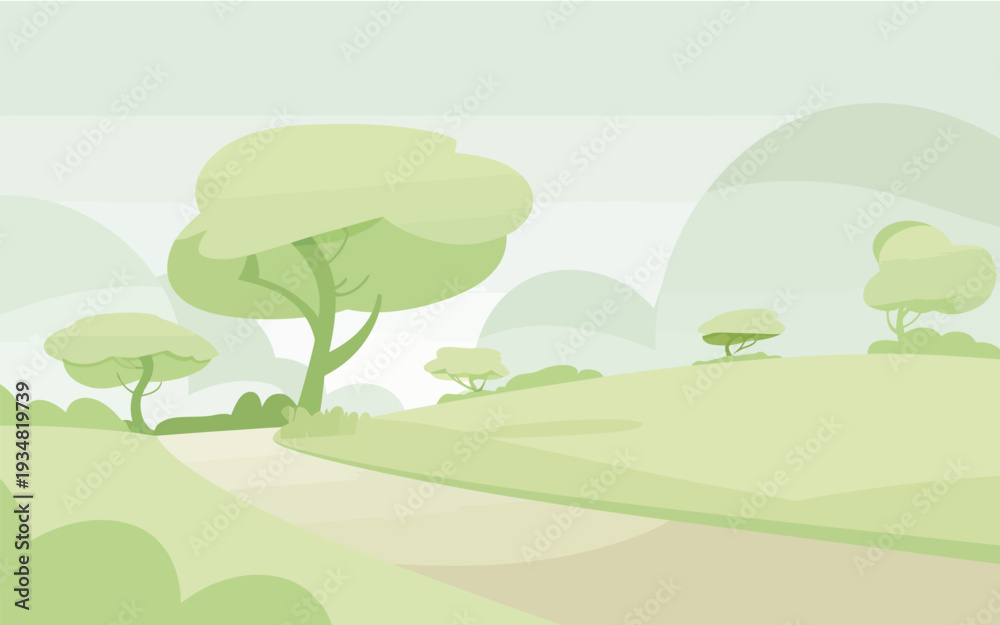 Fototapeta premium Winding Path Landscape Poster, Retro Scenic Artwork Featuring Light Green Hills and Gentle Nature Composition