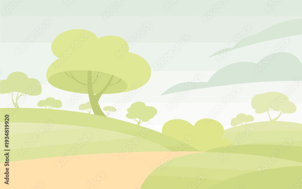 Obraz premium Curved Sandy Path Poster, Minimal Landscape Illustration with Pale Yellow Trail and Soft Green Rolling Hills Design