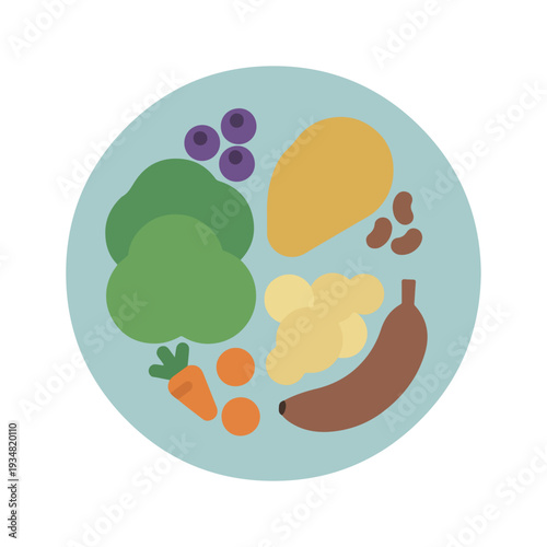 A minimalist vector illustration displays a variety of healthy food items like vegetables, fruits, and beans arranged on a light blue plate.