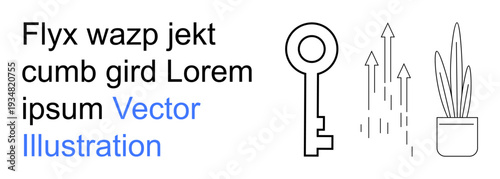 Opportunity, personal growth, business success, innovation, sustainability, minimalism. A key, upward arrows and a potted plant. Opportunity and personal growth concept