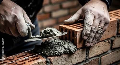 Close up artisan's hands laying bricks building brick wall with trowel