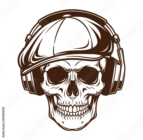 skull wearing headphones and a cap smiling on white background