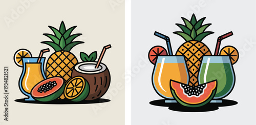 Vector Illustration of Tropical Fruit Cocktails and Juices with Pineapple Coconut Papaya Orange and Drinks in Glasses Summer Beach Vacation Refreshment Concept Isolated on White Background EPS Design.