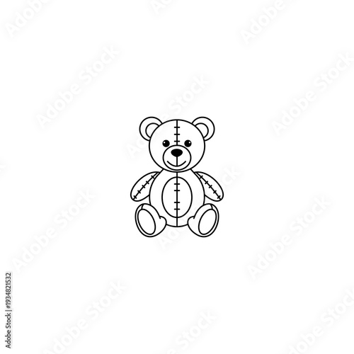Simple black and white line art illustration of a classic teddy bear sitting upright, featuring stitched details and a friendly expression.