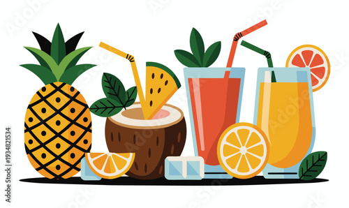 Flat Vector Illustration of Refreshing Summer Tropical Cocktails and Fresh Fruits Including Pineapple Coconut Watermelon Citrus Orange and Ice Cubes Perfect for Beach Party Bar Menus and Posters EPS