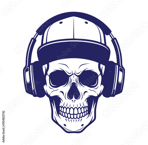 Skull wearing headphones and baseball cap on white background