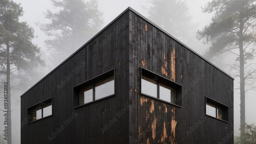 Fototapeta premium Modern Black Cabin in Misty Forest, Wood Architecture, Minimalist Design