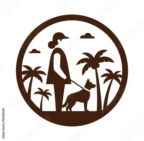 woman walking dog on leash in tropical palm tree landscape with clouds