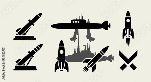 A collection of black silhouettes depicting military rockets, missile launchers, a submarine, and space exploration vehicles on a light background.