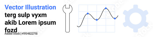 Data analytics, tech tools, system optimization, process improvement, technical design, business intelligence. Line graph alongside wrench and gear symbol. Data analytics and tech tools concept