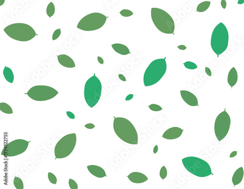 A serene illustration of various green leaves floating gently in the air