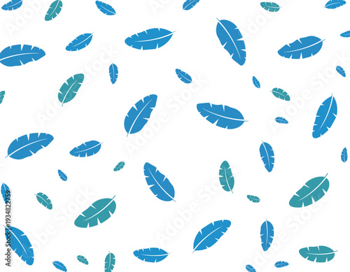 Collection of blue feathers scattered randomly on a surface viewed from directly above in a visually appealing pattern