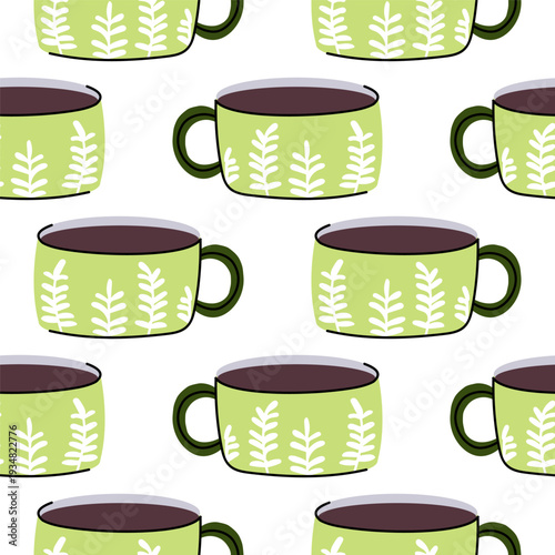 Seamless pattern with green coffee mug. Doodle ceramic cup print.