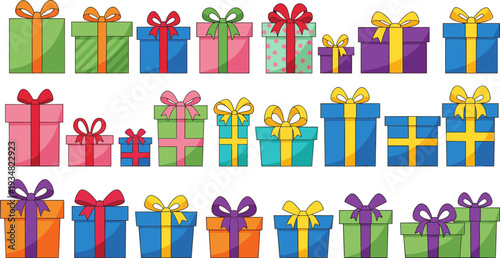 Colorful Gift Box Set, Flat Birthday and Christmas Present Collection Isolated on White