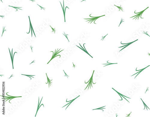 Illustration of green plants scattered randomly in a seamless pattern from a top-down viewpoint