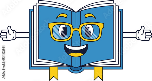 Cute Blue Book Character with Glasses and Bookmark, Flat Educational Mascot Illustration
