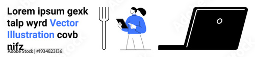 Agriculture technology, remote work, data analysis, modern farming, digital transformation, communication tools. Person holding a tablet with a fork icon and laptop. Agriculture technology and data