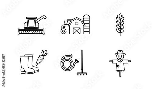 Farmer and Agriculture Outline Icon Set Farm Equipment Thin Line Vector on White