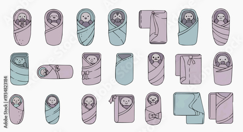 A collection of cartoon-styled newborn babies swaddled in various blankets. The image showcases the babies wrapped in different pastel-colored blankets, with different expressions. 