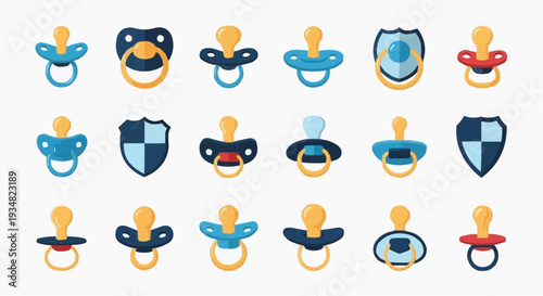 A Collection of pacifier toys of various designs and colors displayed against a plain background. Each pacifier is crafted with a ring for a secure hold 